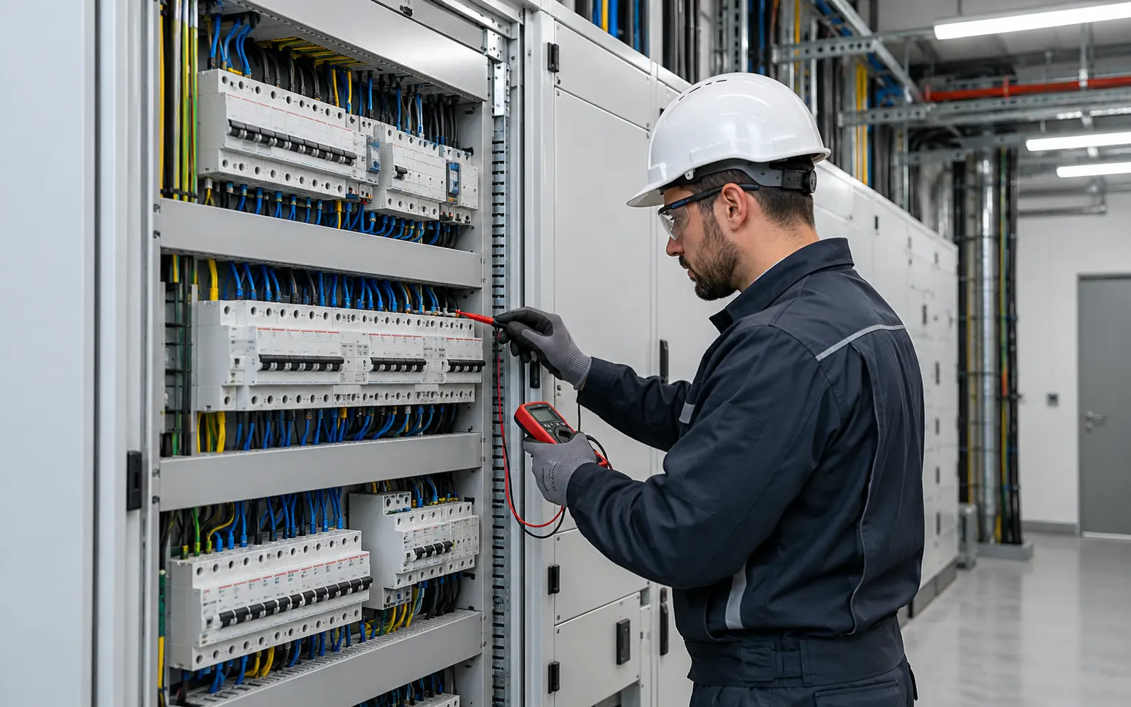 Düzenli elektrik panosunda kontrol yapan teknik personel