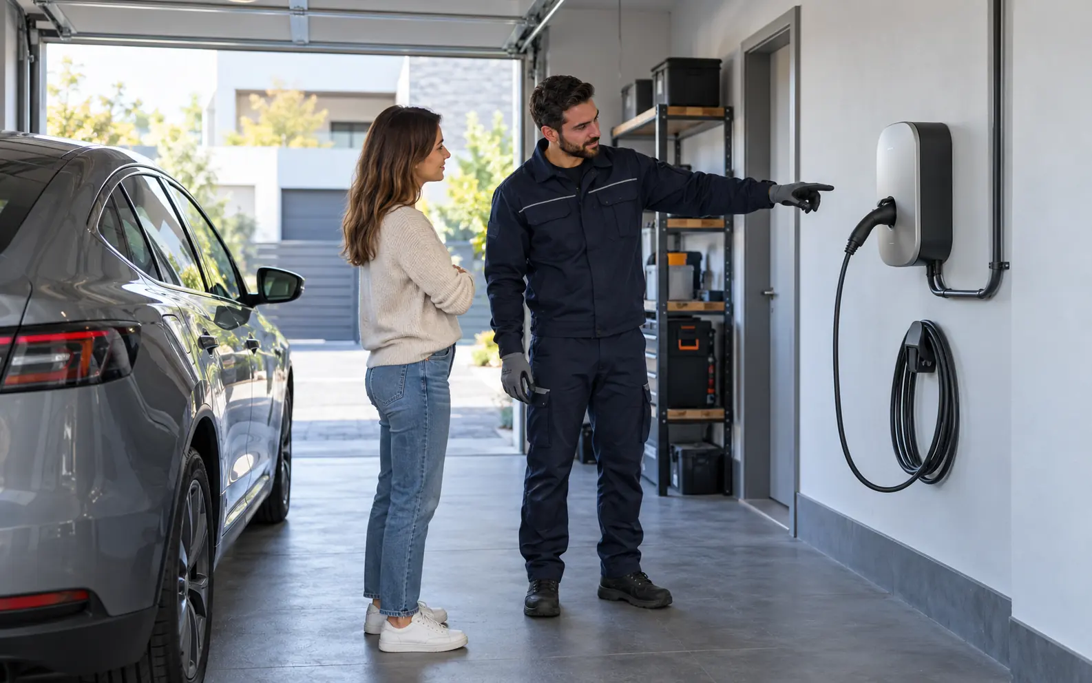 Ev tipi elektrikli araç şarj ünitesini müşteriye tanıtan teknik personel