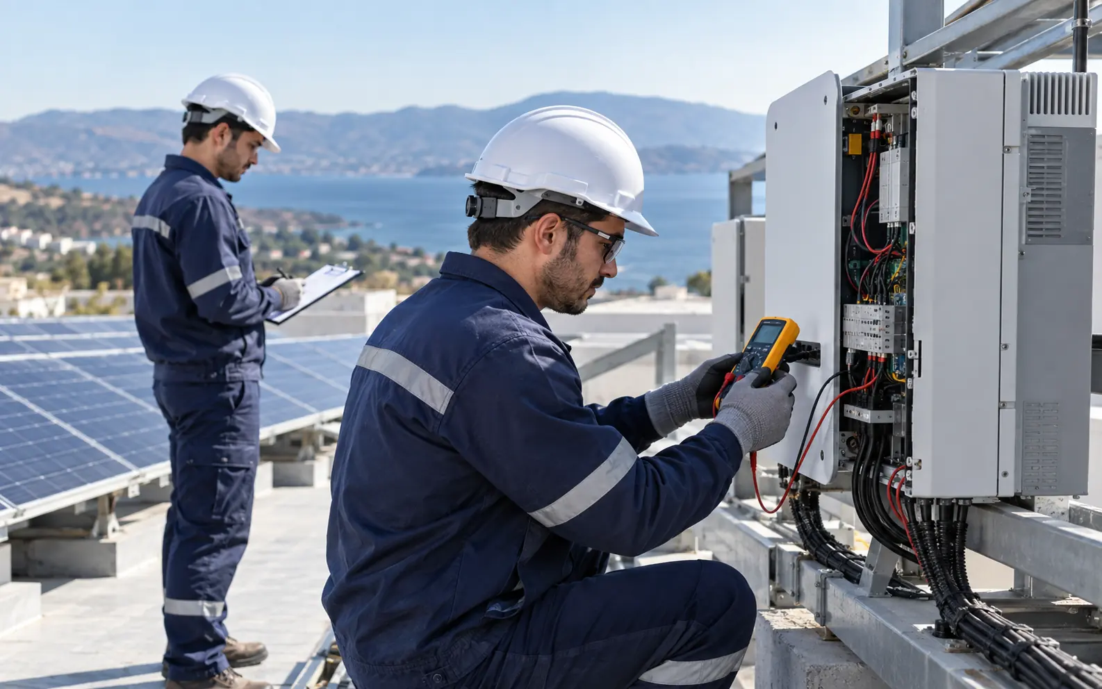 Güneş enerjisi ekipmanında ölçüm yapan teknik servis personeli
