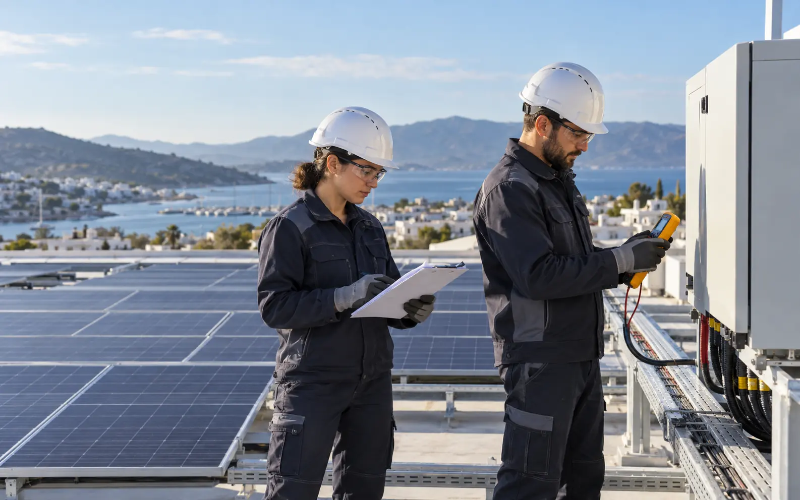 Solar sistem sahasında ölçüm ve kontrol yapan iki teknik personel